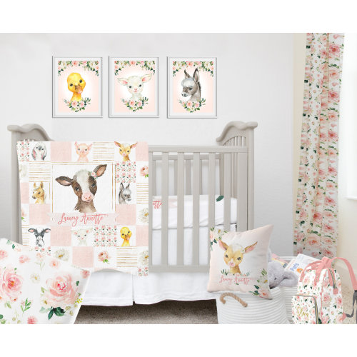 Farm Animals Crib Bedding Set, Cow Baby Girl Crib Bedding, Farmhouse Personalized Baby Girl Bedding, Nursery Bedding, Farm Girl Bedding Set