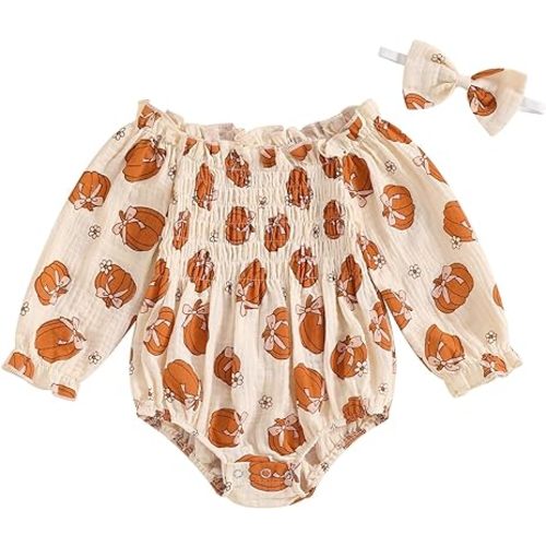 Ayalinggo Baby Girl Cotton Bubble Romper Smocked Muslin Rompers Bow Print Ruffle Outfit Newborn Fall Clothes+Headband