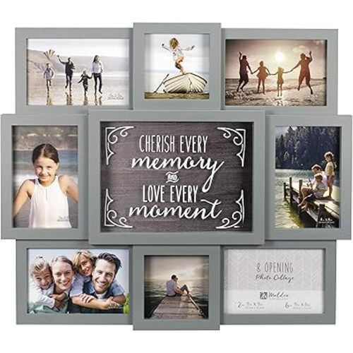 Malden International Designs Gray Cherish Every Moment 8-Opening Sentiment Dimensional Picture Frame Wall Collage, 8372-08