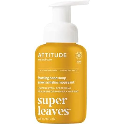ATTITUDE Foaming Hand Soap, EWG Verified, Dermatologically Tested, Plant and Mineral-Based, Vegan Personal Care Products, Lemon Leaves, 10 Fl Oz