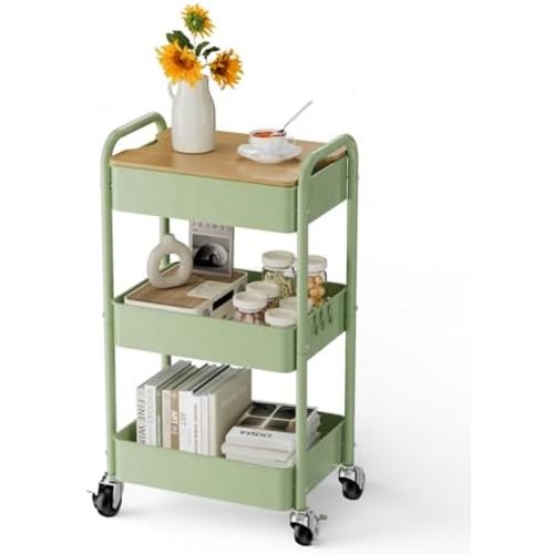 3 Tier Rolling Cart with Table top, Metal Rolling Utility Cart, Sturdy Storage Organizer Cart with Locking Wheels & Hooks for Office, Classroom, Kitchen and Bathroom