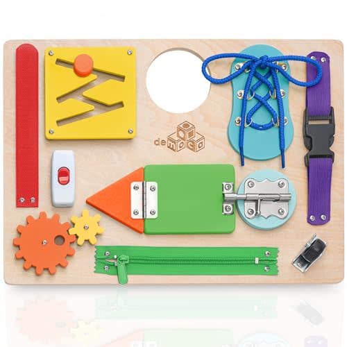 deMoca Montessori Busy Board for Toddlers, Wooden Activity Board with 10 Educational Activities for Learning Fine Motor Skills, Kids Sensory Toy, Travel Toy for Boys & Girls, Packaging May Vary