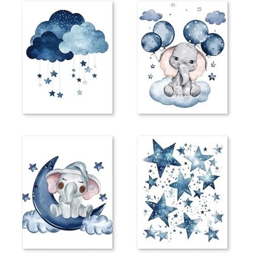 PUHEI Elephant Nursery Wall Art Prints Set of 4, Moon and Stars Nursery Wall Posters Decor for Boys Girls Room, Elephant Baby Gifts for Boys Twins Poster Prints (8x10 Inches UNFRAMED)
