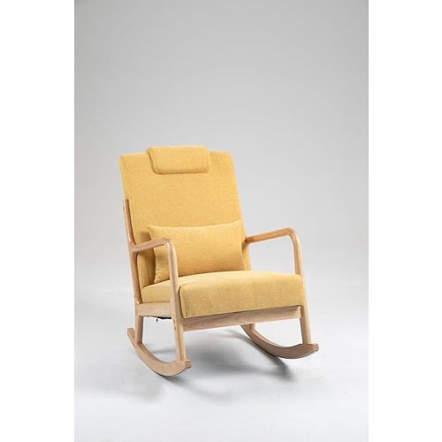 Mid Century Modern Rocking Chair, Upholstered Glider Armchair with Cushions (Yellow 2)