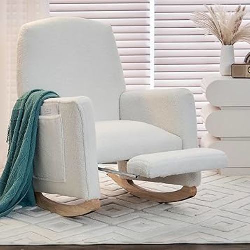 Modern Rocking Chair Nursery, Comfy Glider Nursery Chair with Foot Rest, Upholstered Rocker Chair with Pocket, Accent Reading Chair with Solid Wood Base for Living Room, Bedroom, Lounge Room (Ivory)