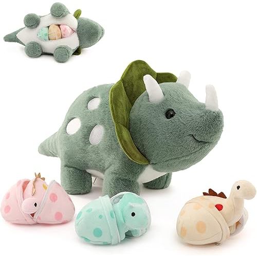 17.6in Plush Dinosaur Stuffed Animals,A Mommy Dinosaur with 3 Baby Dinosaurs,Triceratops, Tyrannosaurus Rex and Diplodocus.