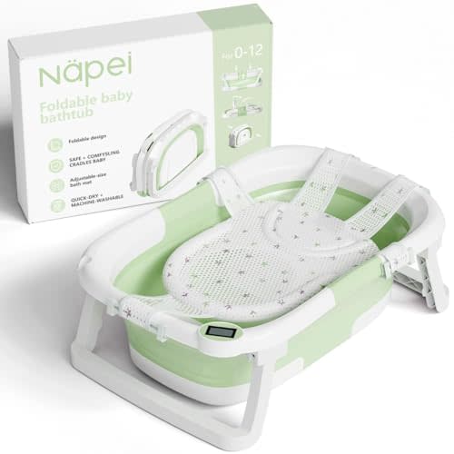napei Collapsible Baby Bathtub,Baby Bath Tub with Soft Cushion & Thermometer,Baby Bathtub Newborn to Toddler 0-36 Months,Portable Travel Baby Tub