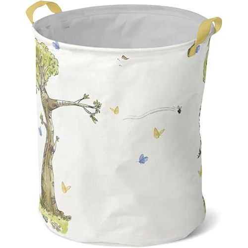 Classic Winnie Nursery Storage Basket Large Barrel Shaped Canvas Laundry Hamper with Waterproof PE Coating Foldable Bathroom and Bedroom Set Clothes Toys Bin (Beige)