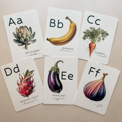 Alphabet ABC Flashcards Fruit Veggies Food 5x7&quot; Cards, Homeschool or Baby Shower Gift