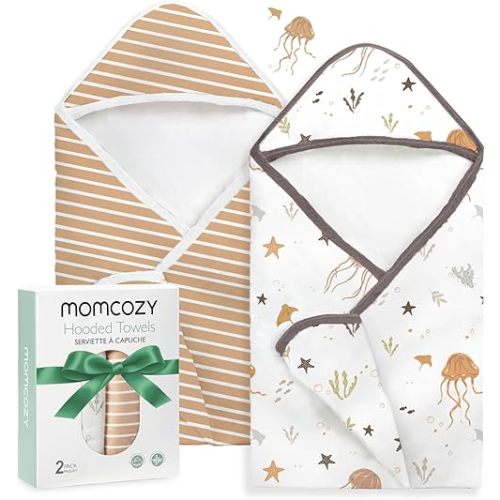 Momcozy Baby Towel with Hooded-2 Pack Soft Bath Towel Set-Shower Gifts or Bath Essential for Infant,Newborn, Toddler (28 X 28 Inch, Ocean Whimsy)