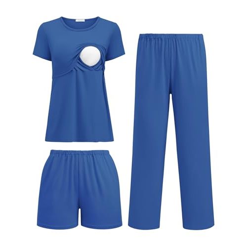 Ekouaer 3 Piece Postpartum Nursing Pajamas Set Short Sleeve Breastfeeding Shirts Pregnancy Shorts & Pants Maternity Pjs