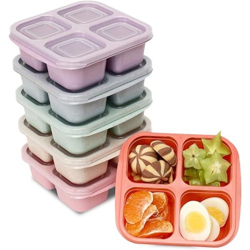6 Pack Meal Prep Containers, 4 Compartment Bento Snack Boxes, Reusable Divided Lunch Box Containers for Adults, Kids, Toddlers, Travel, Work, School