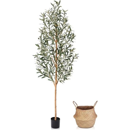 Faux Olive Tree 6FT – Tall Artificial Plants Indoor with Real Wood Trunk & Seagrass Basket, Lifelike Silk Leaves & Fruits – Potted Large Fake Trees for Home, Living Room, Bedroom & Office Decor