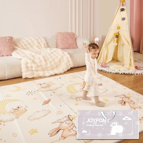 Baby Play Mat 71x59 Inches, Foldable Play Mats for Babies and Toddlers, Waterproof & Anti-Slip Portable Baby Floor Mat for Tummy Time, Baby Mat for Floor with Travel Bag for Indoor Outdoor - 59x71x0.4 Inch - Rabbit