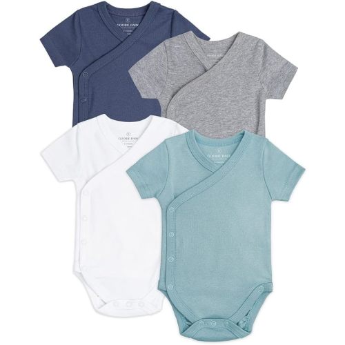 Baby Side Snap Bodysuit Set, 100% Cotton Boy Girl Unisex Kimono Onesie, 4 Pack (6-12 months)