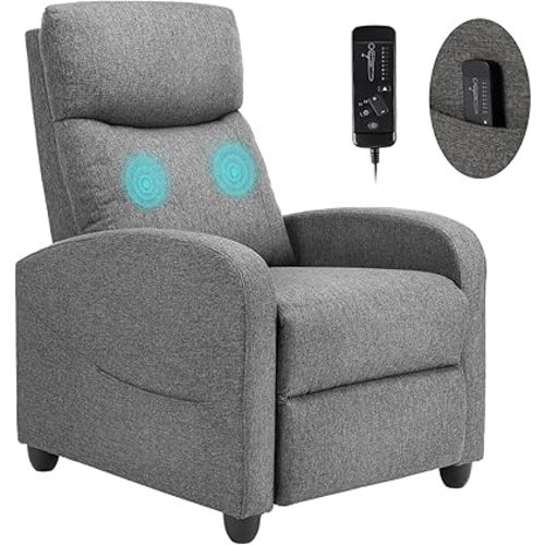 Sweetcrispy Recliner Chair for Adults, Massage Fabric Small Recliner Home Theater Seating with Lumbar Support, Adjustable Modern Reclining Chair with Padded Seat Backrest for Living Room (Grey)