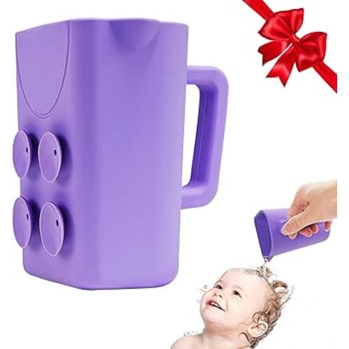 EASICUTI Baby Bath Rinse Cup with Suctions, Easy to Drain, Soft Food Grade Silicone, Shampoo & Body Washing Rinser Cup for Kids with Easy Grip Handle to Rinse Baby Shampoo- Baby Essentials, Purple