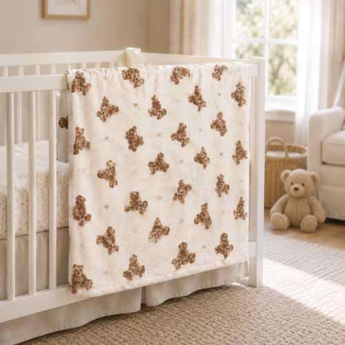 Teddy Bear Baby Blanket: Soft Cream Nursery Decor, Gender Neutral Newborn Gift