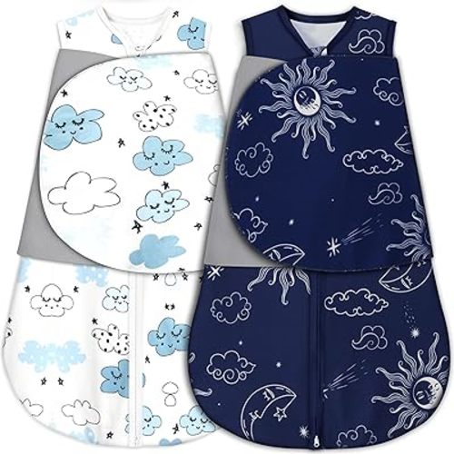 Newborn Sleep Sack Baby Swaddle,3-Way Adjustable Wearable Blanket,100% Rayon Cotton Swaddling sleeping bag (Clouds & Moon, 3-6 Months)