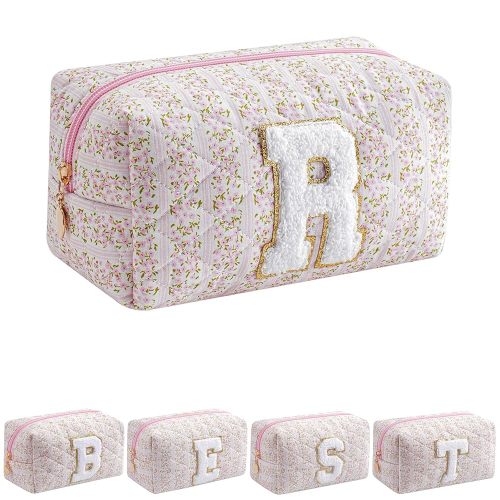 JOVAKIT Alphabet Makeup Bag Cosmetic Bag for Women, Christmas Gifts for Girls Age 6-18, Floral Flowers Coquette Travel Toiletry Zipper Make Up Pouch Organizer Trendy Stuff (Pink Floral R)