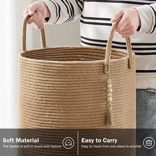 YOUDENOVA Jute Rope Laundry Hamper Basket, 58L Tall Woven Laundry Basket for Blanket Organizer- Clothes Hamper for Bedroom Storage-Large-Jute