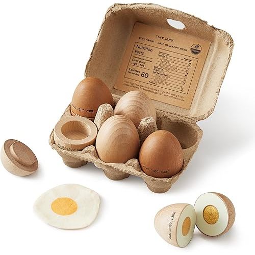 Tiny Land Wooden Egg Toy Set for Kids – 6-Piece Pretend Play Food with Cutting Eggs, Fried Egg & Realistic Carton – Montessori Kitchen Toys for Toddlers