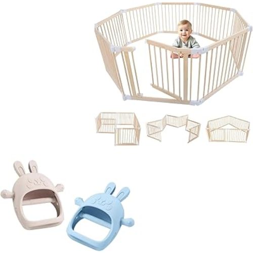 Portable Wooden Baby Playpen Play Yard for Babies and Toddlers, 2 in 1 Large Foldable Play Fence Tall Wood Gate with Adjustable Size & Shape with Teething Bunny Toys for Babies Relief