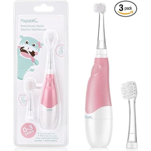 Papablic BabyHandy 2-Stage Sonic Electric Toothbrush for Babies and Toddlers Ages 0-3 Years, Pink