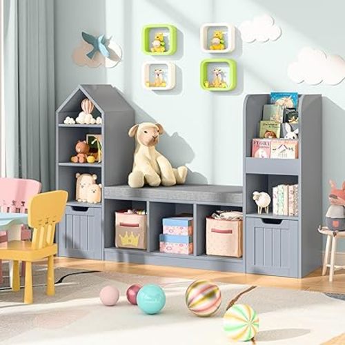 Kids Bookcase and Bookshelf with Reading Nook, Toy Storage Organizer for Kids, Grey Bookcase with 7 Storage Cubbies 2 Movable Drawers and Seat Cushion for Kids Room, Playroom, Bedroom