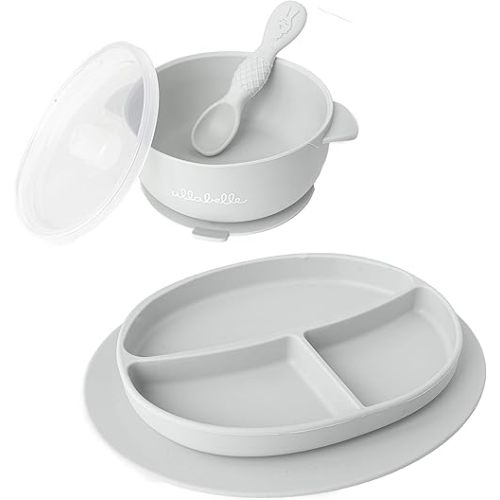 Suction Toddler Plates & Bowls Complete Set w/Spoon- BPA Free 100% Food Grade Silicone- Microwave & Dishwasher Safe Baby Suction Plate, Suction Bowl w/Lid, & Spoon- (Grey)