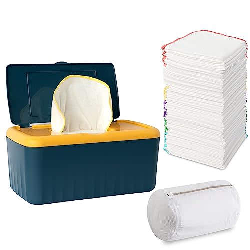 FAMOPLAY 54 Packs Flannel Reusable Baby Wipes Cloth Wipes with Blue Wipes Dispenser, Reusable & Natural Skin-friendly Cloth Baby Wipes, Body Face Hand Washcloth Essential for Cloth Diapers