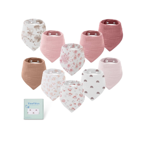 Yoofoss Muslin Baby Bibs 10 Pack 100% Organic Cotton 6-Layer Soft Absorbent Drool Bandana Baby Bibs for Drooling and Teething for Boys and Girls, Pink Flower