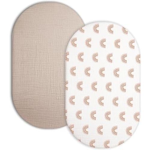 Bassinet Sheet for Baby Boy and Girl, Fitted Sheets for Rectangle, Oval, Hourglass Bassinet Mattress, Muslin Moses Basket Sheets with Neutral Style (Beige & Rainbow, Bassinet Sheet)