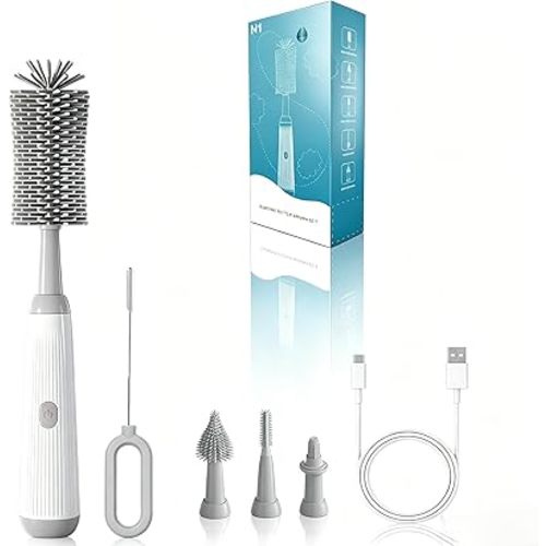 Electric Bottle Brush Set, 6-in-1 Electric Cleaning Brush with Waterproof Silicone Cleaner, 3 Replaceable Brush Heads, Straw Brush & Extension Rod, for Baby Feeding Supplies and Kitchen Utensils