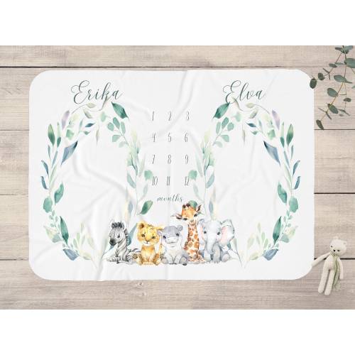 Animals Twins Milestone Blanket, Personalized Safari Milestone Blanket, Twin Boys Age Blanket, Twins Monthly Mat, Personalised Twins Gift