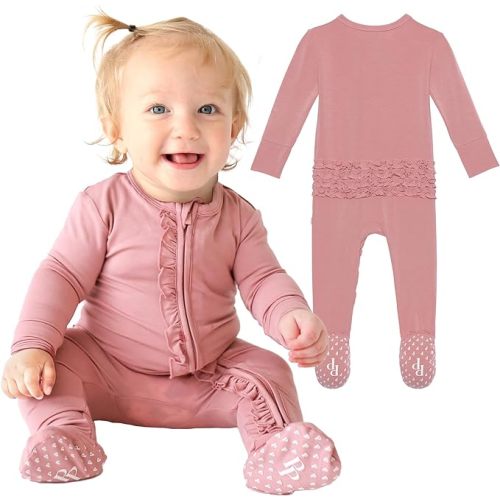 Posh Peanut Baby Girl Pajamas - Soft Päpook Viscose from Bamboo One Piece Footies, Footed Sleepers with 2-Way Zipper for Kids - Dusty Rose - Newborn