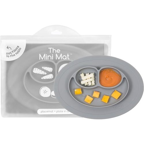 ezpz Mini Mat for 12 Months+ (Gray) - 100% Silicone Placemat + Plate with Suction for Infants + Toddlers - Supports Baby-Led Weaning - for Highchair, Dining Table and Travel