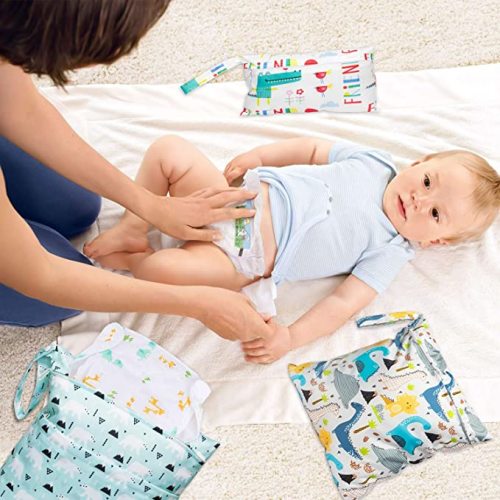 R HORSE 5Pcs Waterproof Reusable Diaper Baby Cloth Wet Dry Bags with 2 Zippered Pockets Travel Beach Pool Bag with Polar Bear Dinosaur Animal Alphabet Crocodile Pattern (3 Sizes)