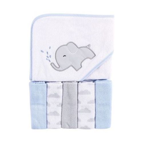 Luvable Friends Baby Boy Hooded Towel With Five Washcloths, Elephant Spray, One Size