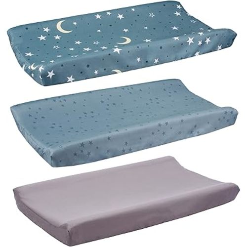 Belsden3 Pack Microfiber Soft Changing Pad Cover, with 2 Considerate Safety Belt Holes, Durable Diaper Change Table Sheet Set for Baby Boys Girls, 16''x32''x8'', Grey Moon & Grey & Grey Star