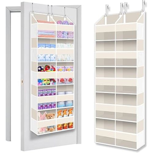 Heavy Duty Over The Door Organizer 5 Tier, Extra Large Behind Door Storage of 10 Compartments, 80 lb Weight Capacity, Hanging Hidden Doors Storage Organizer for Bathroom Closet Nursery Bedroom, Beige