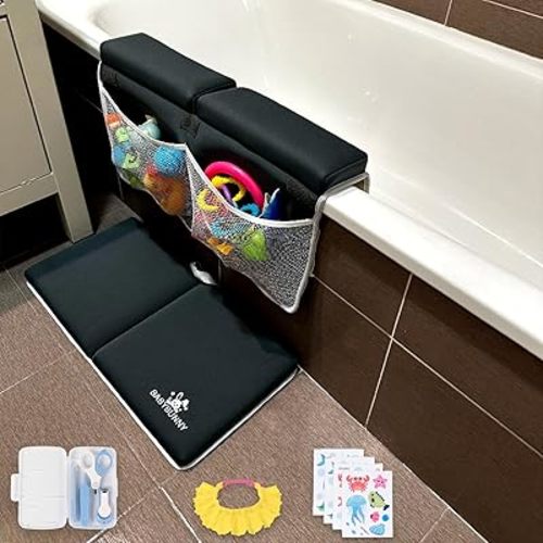 Baby Bath Kneeler and Elbow Rest Pad Set with Toy Storage, Silicone Cap, Non-Slip Stickers and Baby Nail Care Kit - Comfortable Knee Pad for Bathing Babies - Elbow and Knee Saver Bathtub