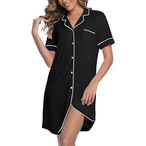 Nightgowns for Women Bamboo Viscose Sleepwear Button Down Sleep Shirt Short Sleeve Sleepdress Soft Nightshirt S-5XL
