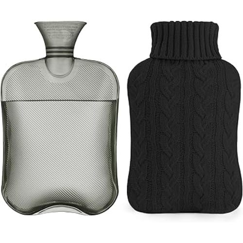 samply Hot Water Bottle with Knitted Cover, 2L Hot Water Bag for Hot and Cold Compress, Hand Feet Warmer, Ideal for Menstrual Cramps, Neck and Shoulder, Black