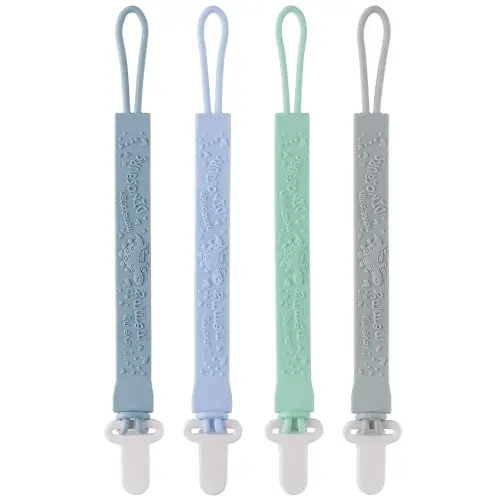 4-Pack Silicone Pacifier Clips with One-Piece Beads for Baby Boys and Girls - Flexible and Rust-Free Holders for Teething Relief and Baby Essentials, Safe for Newborns (Flat, Grey)