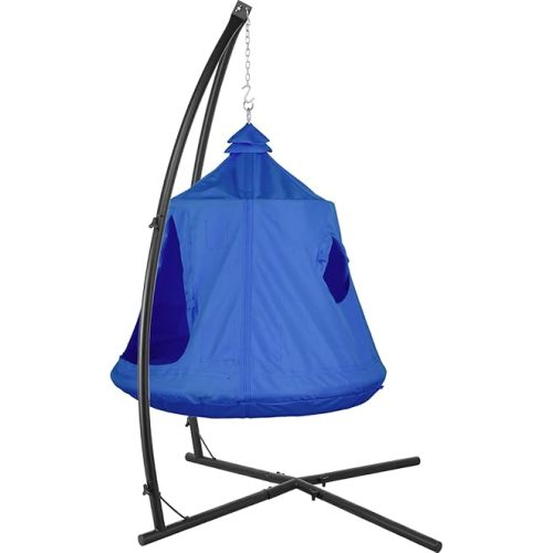 AthLike X-Shaped Hanging Tree Tent w/Swing Chair,Hammock Chair Stand Canopy w/Steel Frame,Indoor Outdoor Egg Basket Patio Seat w/Adjustable Solid Stand,Bedroom Porch Balcony Garden 330lb (Blue)