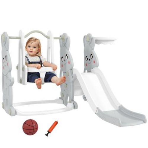 Qaba 4 in 1 Toddler Slide and Swing Set with Climber, Basketball Hoop, Rabbit Themed Indoor Outdoor Kids Playset for Ages 1.5-4, Gray