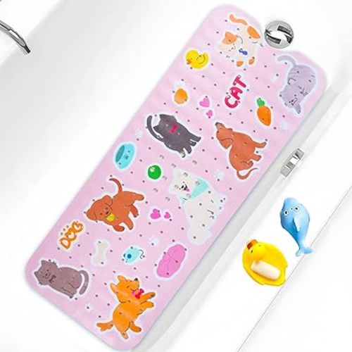Baby Bath Mat for Tub Non Slip Kids Bathtub Mat Extra Long 40X16 Inch Toddler Bath Tub Shower Mat Anti Slip with Suction Cups & Drain Holes, Machine Washable (Cat Dog)