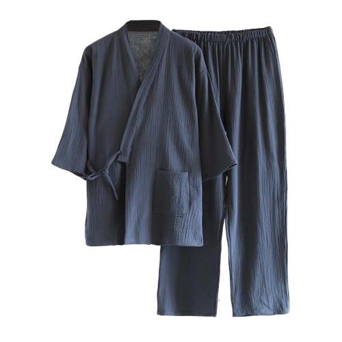 Men's Japanese Kimono Double Gauze Cotton Bathrobe Pajamas Cardigan and Pants 2 Piece Ste Casual Clothes