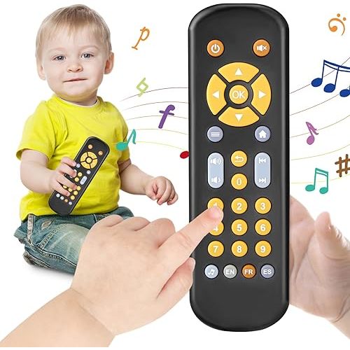 Baby TV Remote Control Toy 6 Month+, Toddler Realistic Remote Toy with Sound and Light, Early Educational Music Toys with 3 Languages English French Spanish for Infant Boys Girls 6 12 18 months